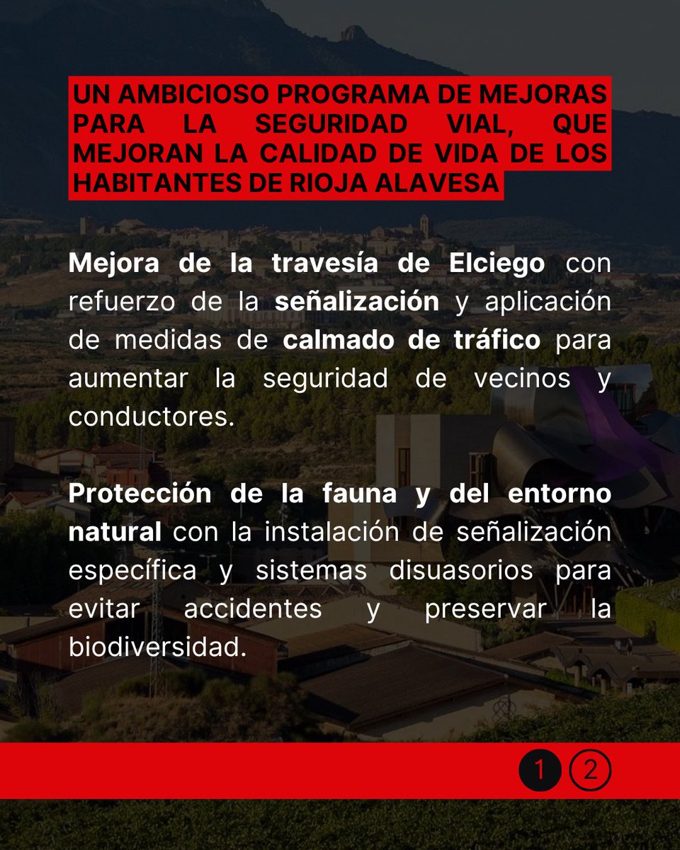 🚧 El Departamento de Movilidad Sostenible e Infraestructuras Viarias, con @JonNogales al frente, impulsa un ambicioso programa de mejoras para reforzar la seguridad vial en #RiojaAlavesa.

☑️ Mejora de la travesía de #Elciego
☑️ Protección de la fauna y entorno natural