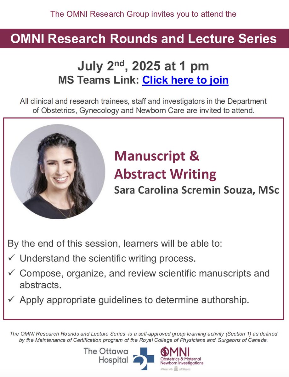 Coming up in the OMNI Research Rounds &amp; Lecture Series!

Session 5: Manuscript &amp; Abstract Writing 
🎙️ Presented by Sara Scremin Souza 
📅 Date: July 2th, 2025 
🕑 Time: 1:00 PM