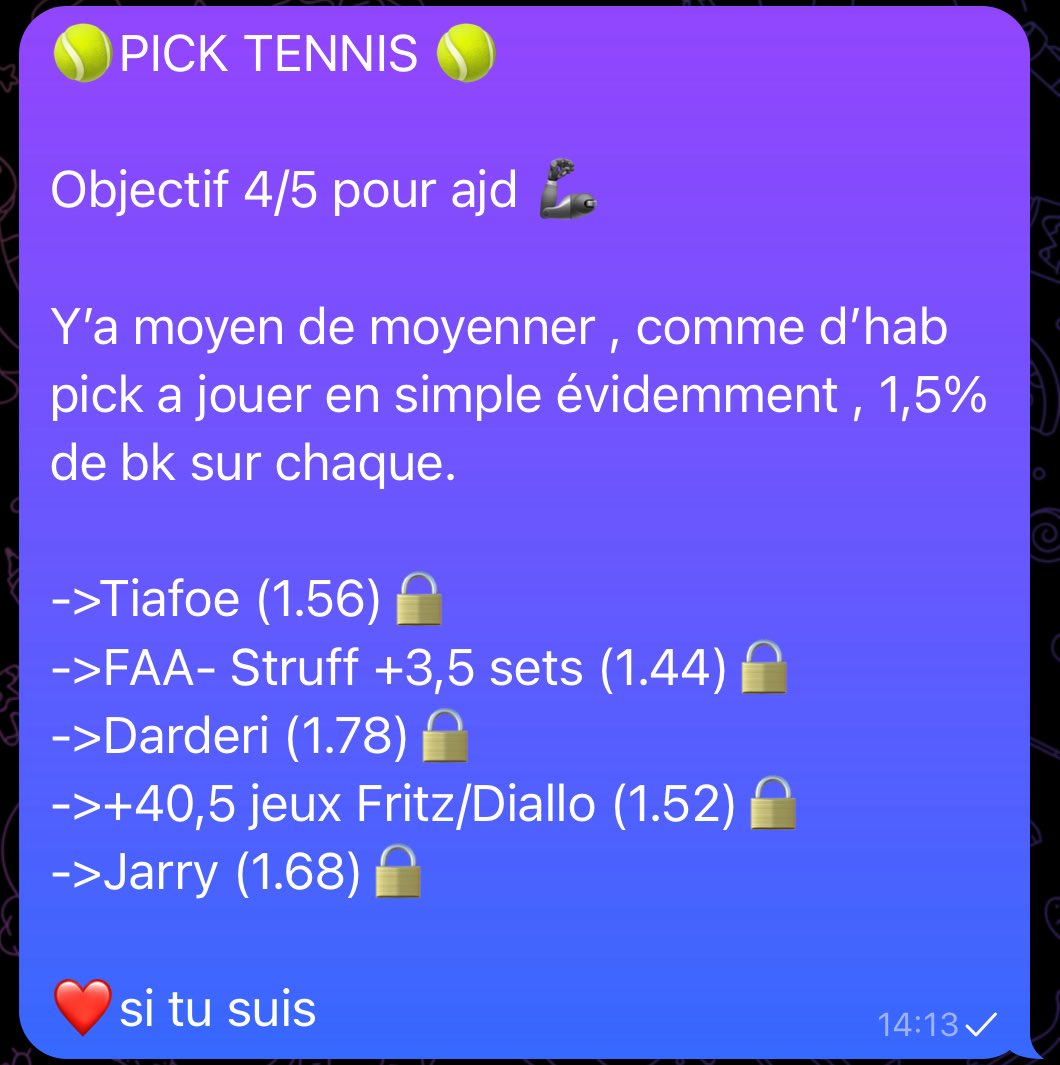 LMRPRONO's tweet photo. 🎾PICK TENNIS 🎾

❤️si tu suis 

#Wimbledon2025 #Wimbledon #tennismatch #TeamParieur #Betparieur https://t.co/3PEmGPkweu