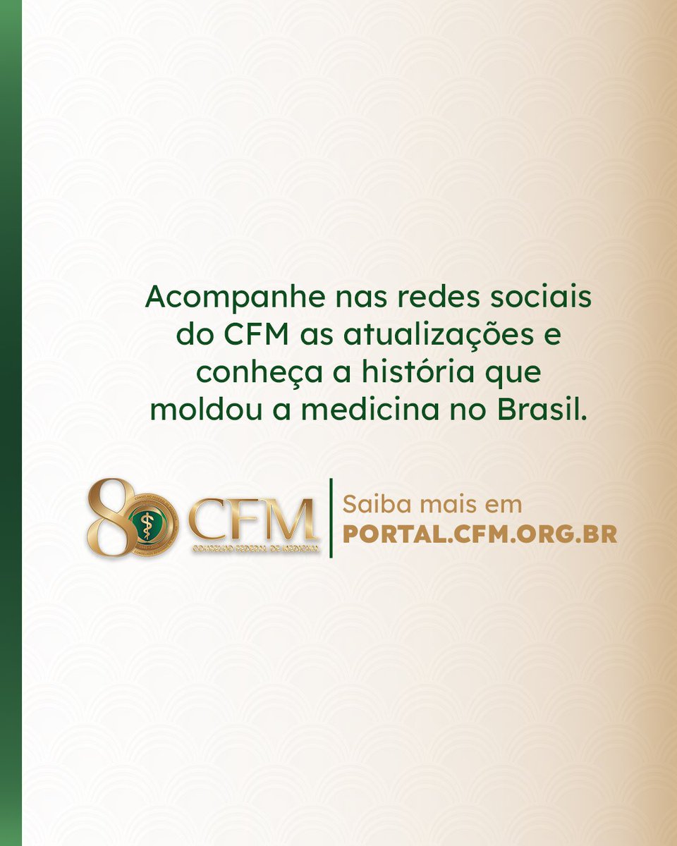Ética, responsabilidade e técnica caminham juntas.

O CFM segue firme na missão de proteger a boa prática médica.

#CFM80Anos #ÉticaMédica #CompromissoCFM