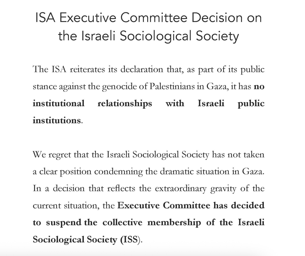 Just  writing on a paper about boycott calls after Oct 7 - with every passing note like this, it feels increasingly in vain to me. Meanwhile, parts of Western academia believe they are being canceled. It's ridiculous. The decision of the ISA is a disgrace. t.ly/r3VVE