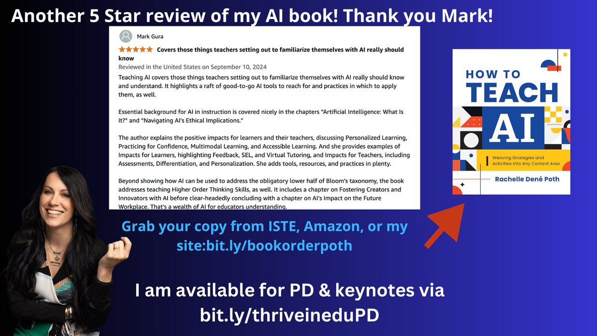 Happy Wednesday! Grab a new book! Learn more about #AI via my latest book &amp; read the reviews! Thanks for this one Mark! I am available for PD &amp; keynotes. Get a copy today via ISTE, Amazon, or link in the image. #education #edtech #edchat #generativeAI #k12 #suptchat @ISTEOfficial