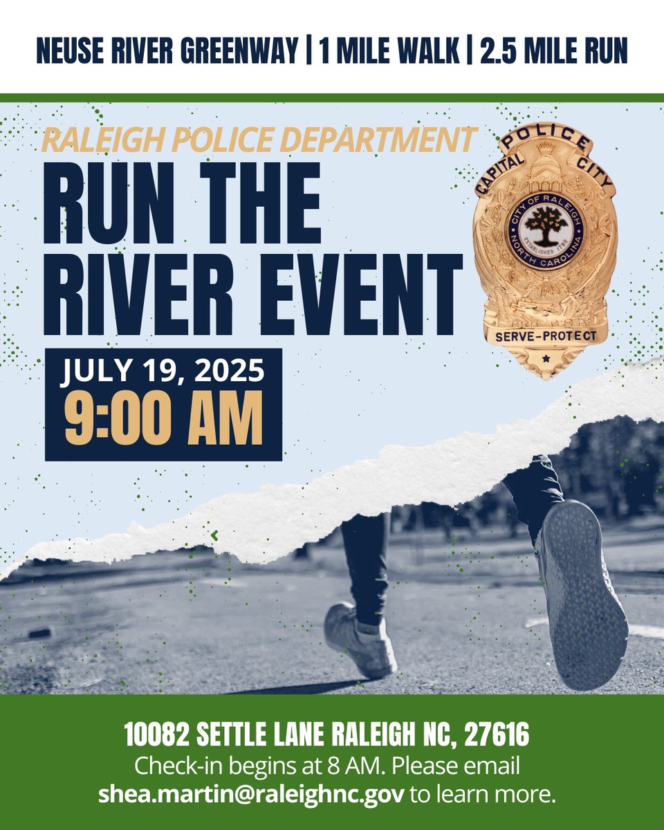 Join us on July 19 for our Run the River event! This is a free community run where you can connect with local officers and learn about greenway safety. Check-in will begin at 8:00 AM, and we can't wait to see you there!