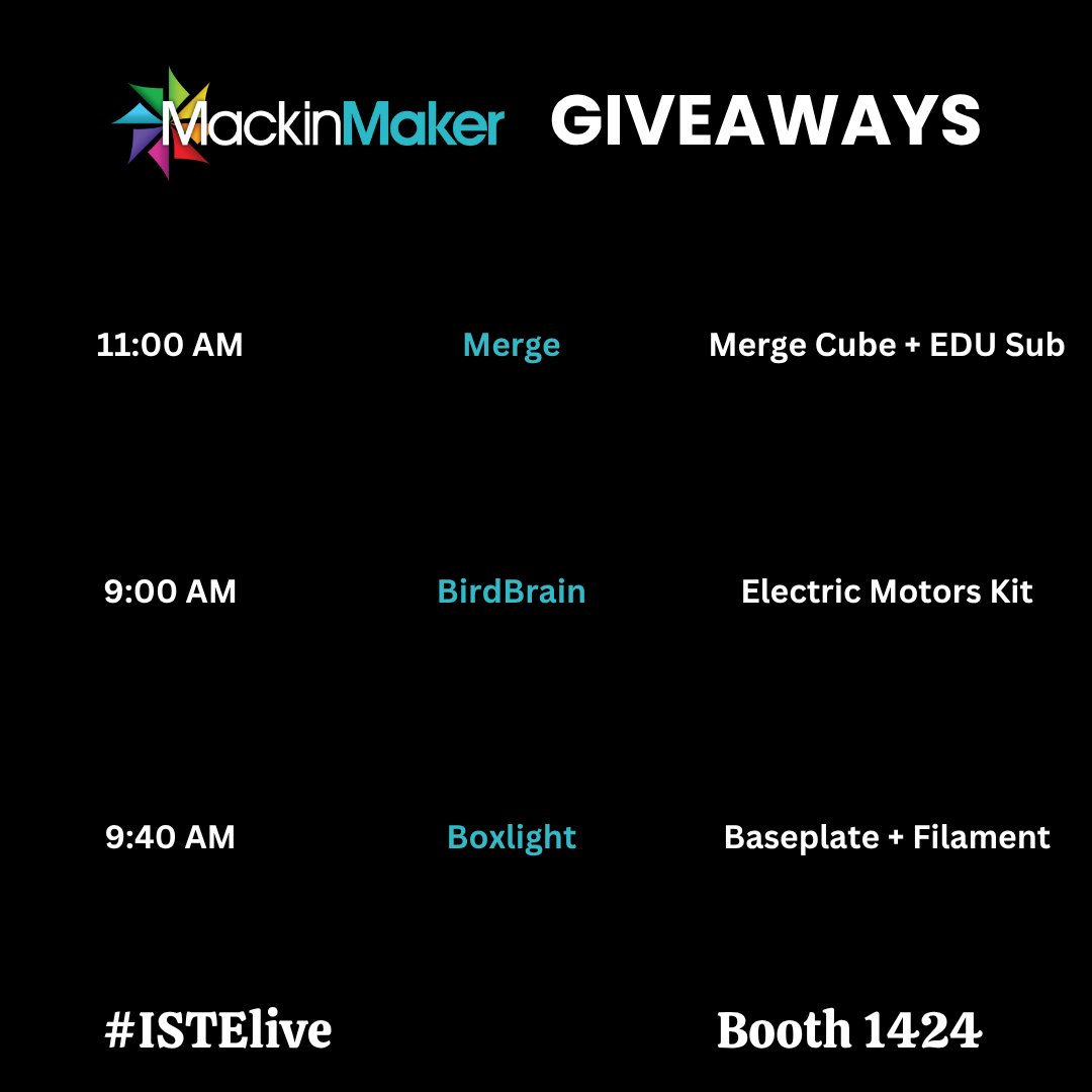 🚨 Final Day of Makerspace Giveaways at #ISTElive!

Don't miss your last chance to win at the Mackin booth (#1424):
🕘 9:00 - <a href="/birdbraintech/">BirdBrain Technologies</a> 
🕤 9:40 - <a href="/boxlightinc/">BOXLIGHT</a> 
🕚 11:00 - <a href="/mergeedu/">#MergeEDU</a>