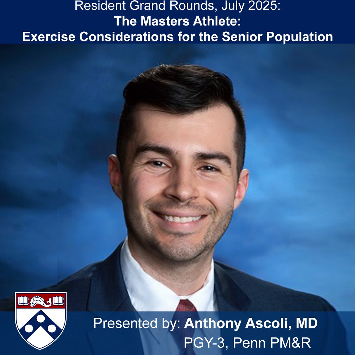 Resident grand rounds this month will be presented by Dr. Anthony Ascoli on the topic of "The Masters Athete: Exercise Considerations for the Senior Population"