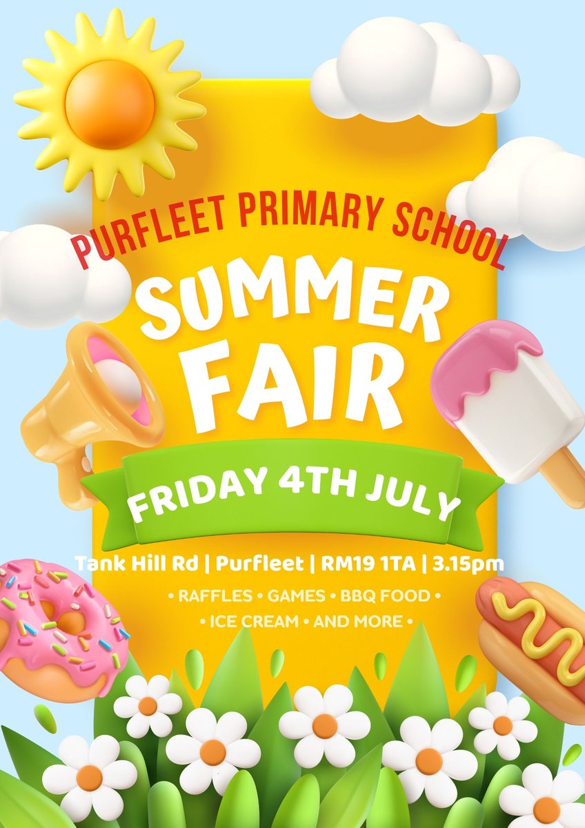 Purfleet Primary Academy (@purfleetprimary) on Twitter photo Join us at Purfleet Primary Academy for a fun-filled day at our Summer Fair! ๐๐
๐๏ธ 04.07.2025
๐ 3:15pm-5:30pm
๐ Purfleet Primary Academy
Expect games, food, music, prizes, and loads of family fun! Everyone's welcomeโdon't miss it! ๐๐ญ๐ฏ
#SummerFair #FamilyFun #CommunityEvent Join us at Purfleet Primary Academy for a fun-filled day at our Summer Fair! ๐๐
๐๏ธ 04.07.2025
๐ 3:15pm-5:30pm
๐ Purfleet Primary Academy
Expect games, food, music, prizes, and loads of family fun! Everyone's welcomeโdon't miss it! ๐๐ญ๐ฏ
#SummerFair #FamilyFun #CommunityEvent