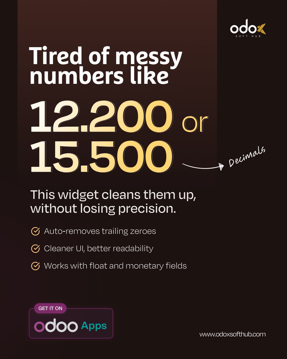 Odoxsofthub's tweet photo. Messy decimals like 12.000 &amp; 15.500?

Fix it with a simple widget for #Odoo.
No more trailing zeroes. Just clean, clear numbers.
Supports float &amp; monetary fields.

📍 On the Odoo App Store now!
https://t.co/TI2CLxD3LB

#ERPtools #OdooApps #DecimalCleanup #CleanUI #UXMatters https://t.co/fI5PpOcM1t