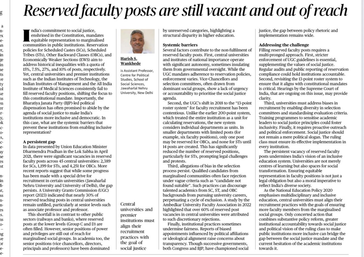 My article in The Hindu today examining systemic barriers that prevent universities from enabling inclusive representation. #Reservation #SocialJustice 

thehindu.com/opinion/op-ed/…