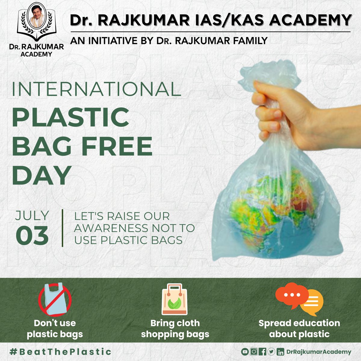 🌍💚 This International Plastic Bag Free Day, let’s be the change our planet needs!
🛍️❌ Say goodbye to single-use plastic bags and hello to conscious, sustainable living.

✨ Small actions. Big impact.🌱
#beatplasticpollution #planet #sustainablelivingchoices #drrajkumaracademy