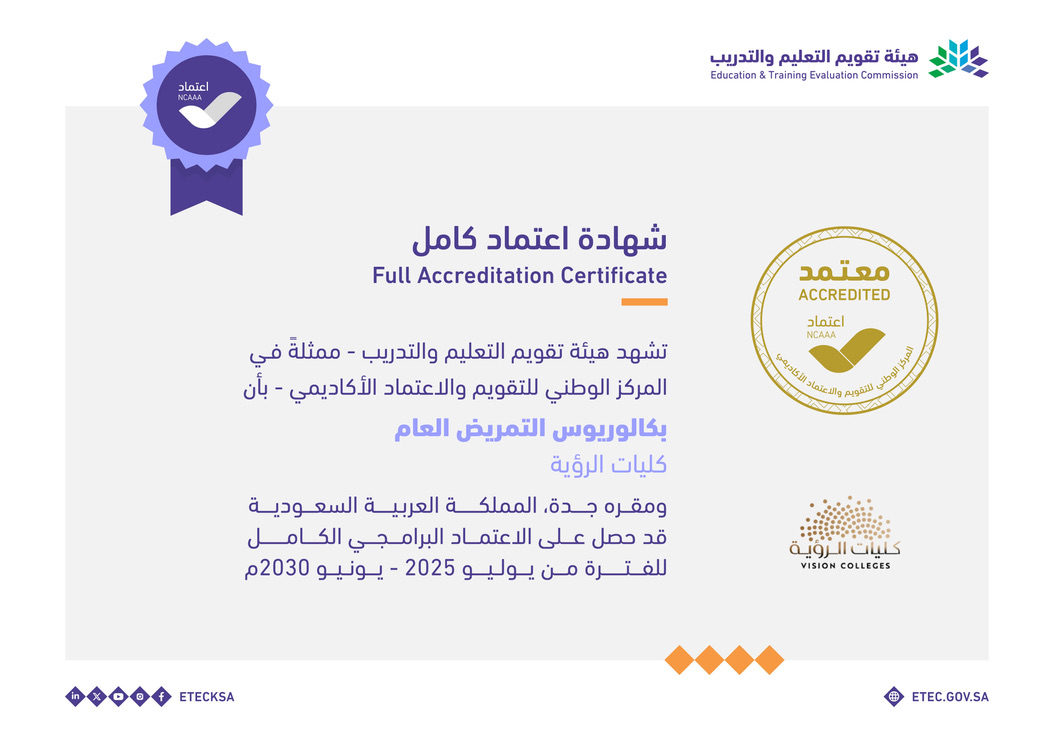EtecNcaaa's tweet photo. حصل برنامج بكالوريوس التمريض العام كليات الرؤية  @vision_colleges على الاعتماد البرامجي الكامل حتى يونيو 2030م.
#اعتماد_الجامعات_جودة https://t.co/LJHYBKM4Xv