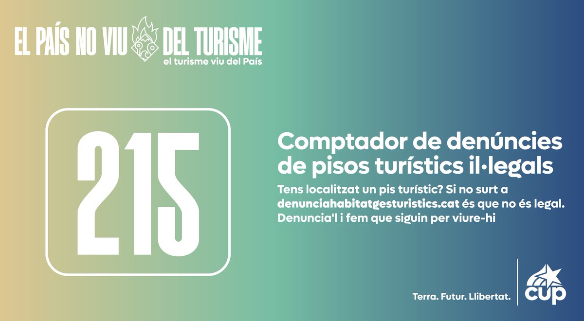 🧳Denuncia els habitatges turístics il·legals, fem que tornin a ser per viure-hi

Tens localitzat un pis turístic? Comprova a denunciahabitatgesturistics.cat si és legal. Si no el trobes, DENUNCIA

5⃣ dies amb la web publicada i ja hem rebut 2⃣1⃣5⃣ denúncies de pisos turístics il·legals