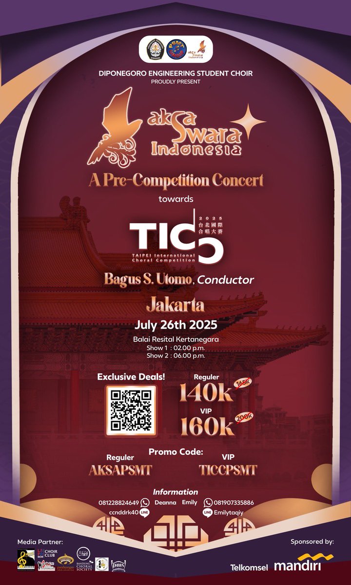 PSMTUNDIP's tweet photo. Semarang ✅
Jakarta 🔜

Get ready for our next Pre Competition Concert goes to Taipei International Choral Competition in Jakarta 🫵

Anyways, we have special promos for you 🫨 Secure your tickets now 🎟️‼️

https://t.co/FVPOAKn9wo https://t.co/F5hWX7TQJz