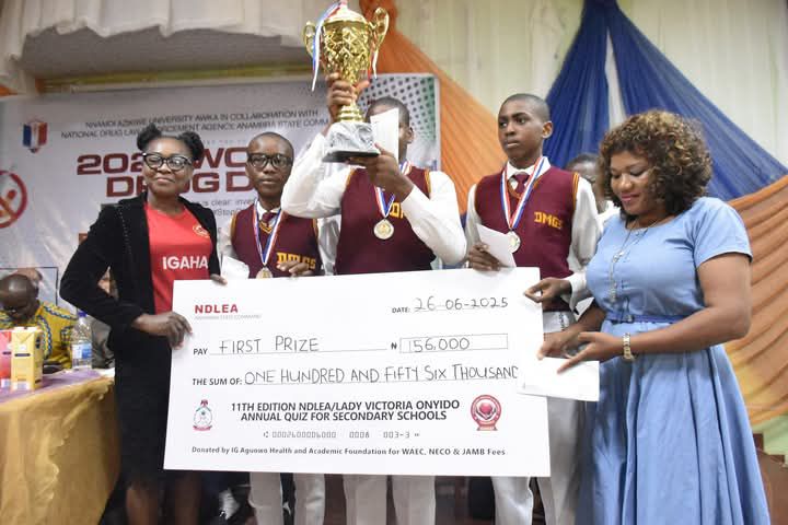 DOBA_Worldwide's tweet photo. 🏆 DMGS Shines at NDLEA Quiz Competition!

We clinched 1st place at every stage:
🎁 Prizes for our 3 champions:
💻 HP Laptop each
💰 ₦156,000 each (for WAEC, NECO &amp; JAMB)
🏆 Trophy for the school
👏 Huge congrats to our stars!
 #UpDENGRAM #NDLEAQuiz2025 #Champions https://t.co/cGqW2upwC8