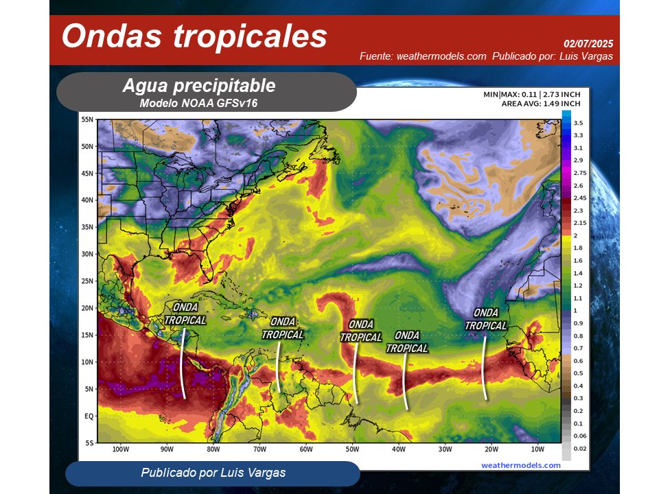 #2Jul Situación actual del tren de ondas tropicales en el Atlántico-Caribe:
▶️La décima onda tropical formada este año en el Atlántico ya se encuentra pasando Centroamérica.
▶️Sigue la onda tropical que transita actualmente por el territorio nacional.
▶️Otro de estos sistemas se