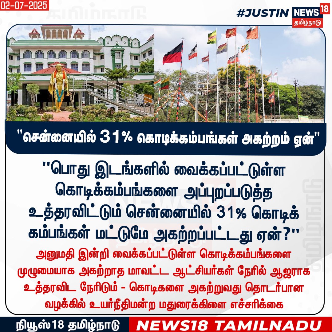 News18TamilNadu's tweet image. அனுமதி இன்றி வைக்கப்பட்டுள்ள கொடிக்கம்பங்களை முழுமையாக அகற்றாத மாவட்ட ஆட்சியர்கள் நேரில் ஆஜராக உத்தரவிட நேரிடும் - உயர்நீதிமன்ற மதுரைக்கிளை எச்சரிக்கை 
#Maduraihighcourt #Flagpoles #News18Tamilnadu | News18Tamil.com
