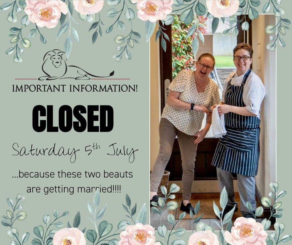 RedLionLongComp's tweet image. The Red Lion will be closed on Saturday 5th July because the team will be off celebrating Lisa and Sarah's wedding 😃. The pub will be open as normal on Sunday 6th July. 
#Wedding #WeekendPlans