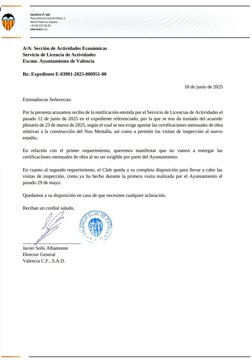 SinAtadurasPM's tweet image. ℹ️ @alex_alfaro19
🏟️ A través de este escrito Javier Solís comunicó al @AjuntamentVLC que el VCF no iban a entregar las certificaciones de obra del Nou Mestalla (para supervisar la evolución)
✅ Fue aprobado por todos los grupos municipales