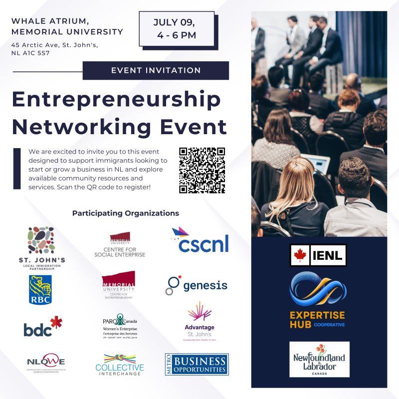 🎉Calling all aspiring and established immigrant entrepreneurs!

👉Join the Immigrant Entrepreneurship Networking Event Wednesday, July 9, 2025, 4–6 PM at the Whale Atrium, @memorialuniversity St. John's NL.

Register: tinyurl.com/5b9n8dav