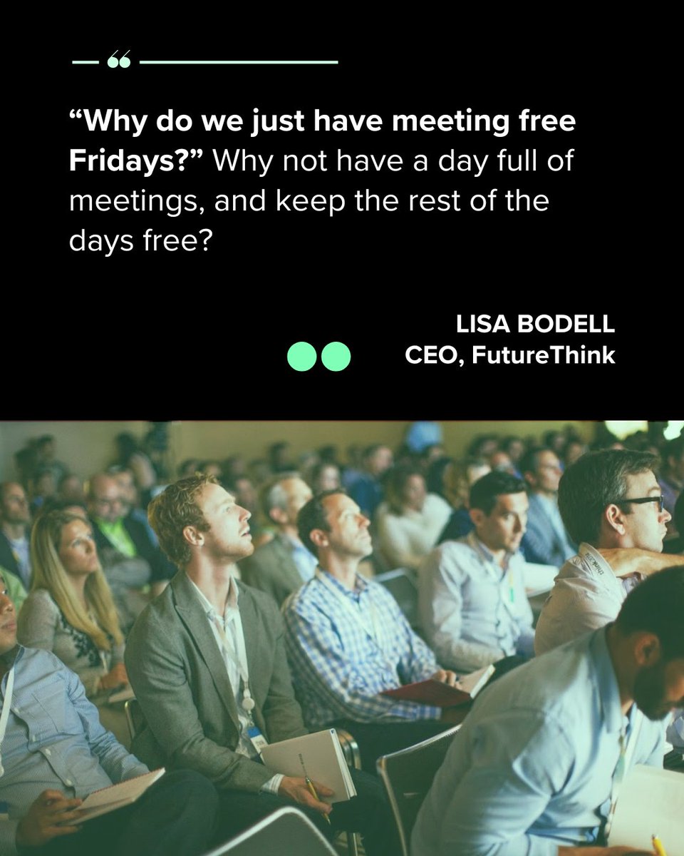 Lisa Bodell (@lisabodell) on Twitter photo Imagine a workweek with just one full day of meetingsâand the rest reserved for deep focus and creativity.
How would that change your productivity?
#Innovation #Productivity #WhySimpleWins Imagine a workweek with just one full day of meetingsâand the rest reserved for deep focus and creativity.
How would that change your productivity?
#Innovation #Productivity #WhySimpleWins