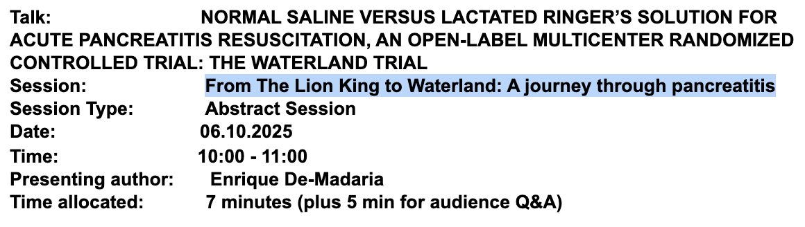 Our WATERLAND trial (Ringer vs Saline in AP) and SIMBA trial (RCT UDCA vs placebo in preventing pancreatitis) have been selected for oral presentation in <a href="/my_ueg/">my_UEG</a> in a session called "From The Lion King to Waterland: A journey through pancreatitis"
Honored! <a href="/Lguilabert1/">Lucía Guilabert</a>
