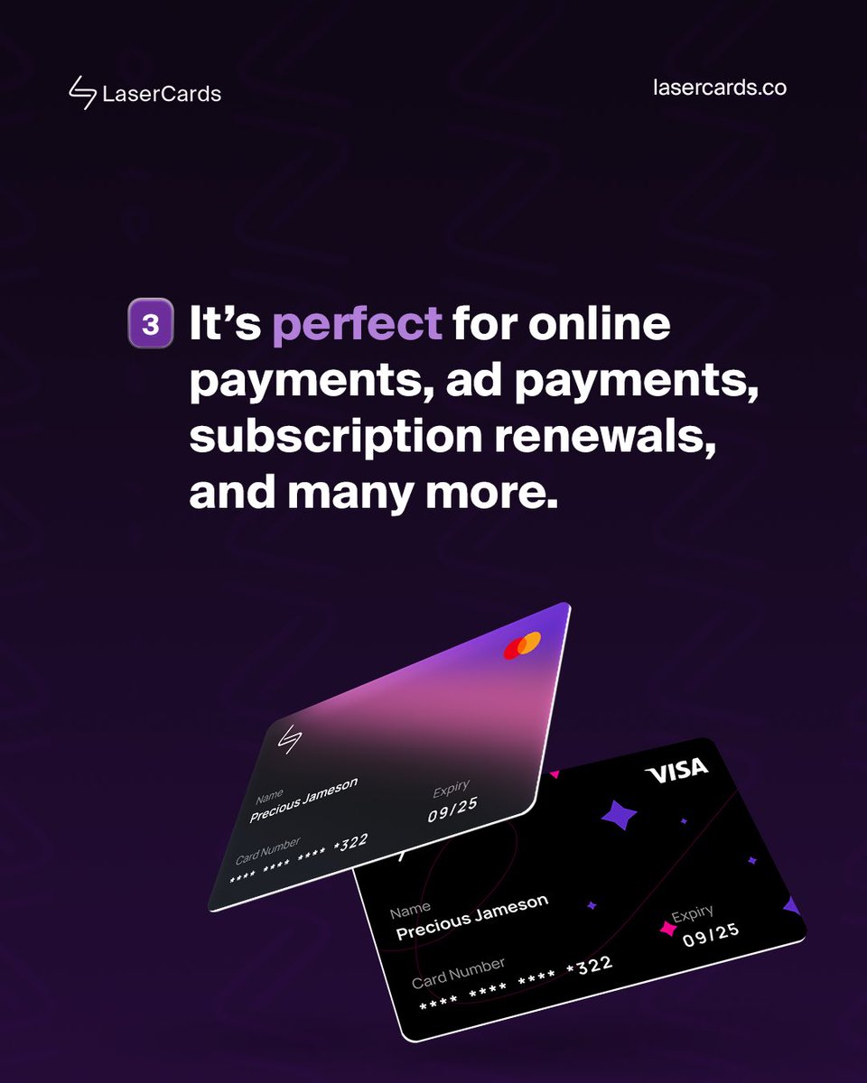 lasercardsco's tweet image. If you need a reason to use LaserCards for all your online payments, we’re giving you 3.
Visit lasercards.co to create and fund your reliable virtual dollar card today🥳