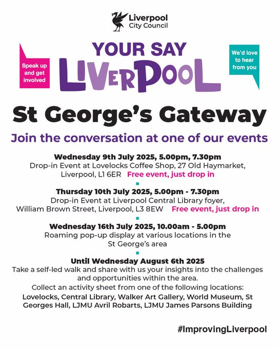 #HaveYourSay on the future planning of Liverpool’s cultural heart.

A public consultation is now live on how best to guide regeneration in the George’s Gateway area.  

There's also drop-in events &amp; a tour to help you find out more.

➡️liverpool.gov.uk/council/consul…

#ImprovingLiverpool