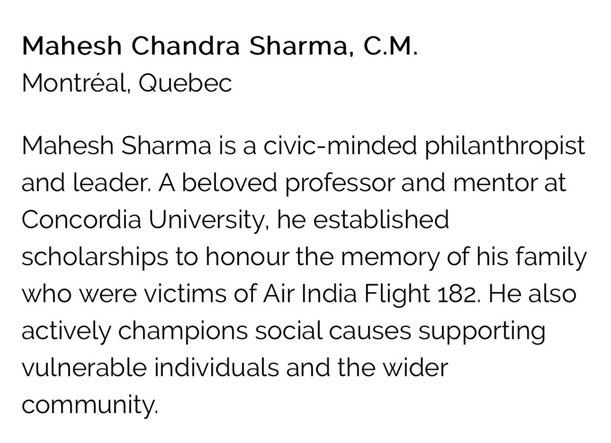 In a significant move, the Canadian government has awarded the Order of Canada to Prof. Mahesh Sharma of Concordia University who lost his family in the Air India 182 #Kanishka 
He took to social work &amp; established scholarships in his families name. 
He is the third #AI182