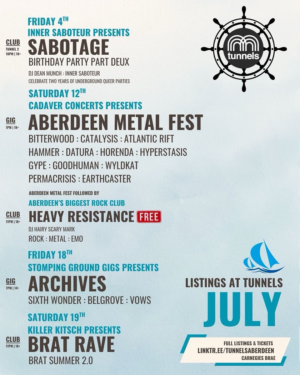 tunnelsaberdeen (@thetunnelsab) on Twitter photo JULY LISTINGS ๐๐ฉย ๐๐ช๐ฃ๐ฃ๐๐ก๐จ
Upcoming Gig & Club Listings
ย 
Full Listings & ๐๐๐๐ ๐๐ฉ๐จย ๐๐ง๐ย ๐ค๐ฃย ๐จ๐๐ก๐ย ๐ฃ๐ค๐ฌ..
linktr.ee/tunnelsaberdeen
#tunnelsaberdeen #aberdeen JULY LISTINGS ๐๐ฉย ๐๐ช๐ฃ๐ฃ๐๐ก๐จ
Upcoming Gig & Club Listings
ย 
Full Listings & ๐๐๐๐ ๐๐ฉ๐จย ๐๐ง๐ย ๐ค๐ฃย ๐จ๐๐ก๐ย ๐ฃ๐ค๐ฌ..
linktr.ee/tunnelsaberdeen
#tunnelsaberdeen #aberdeen