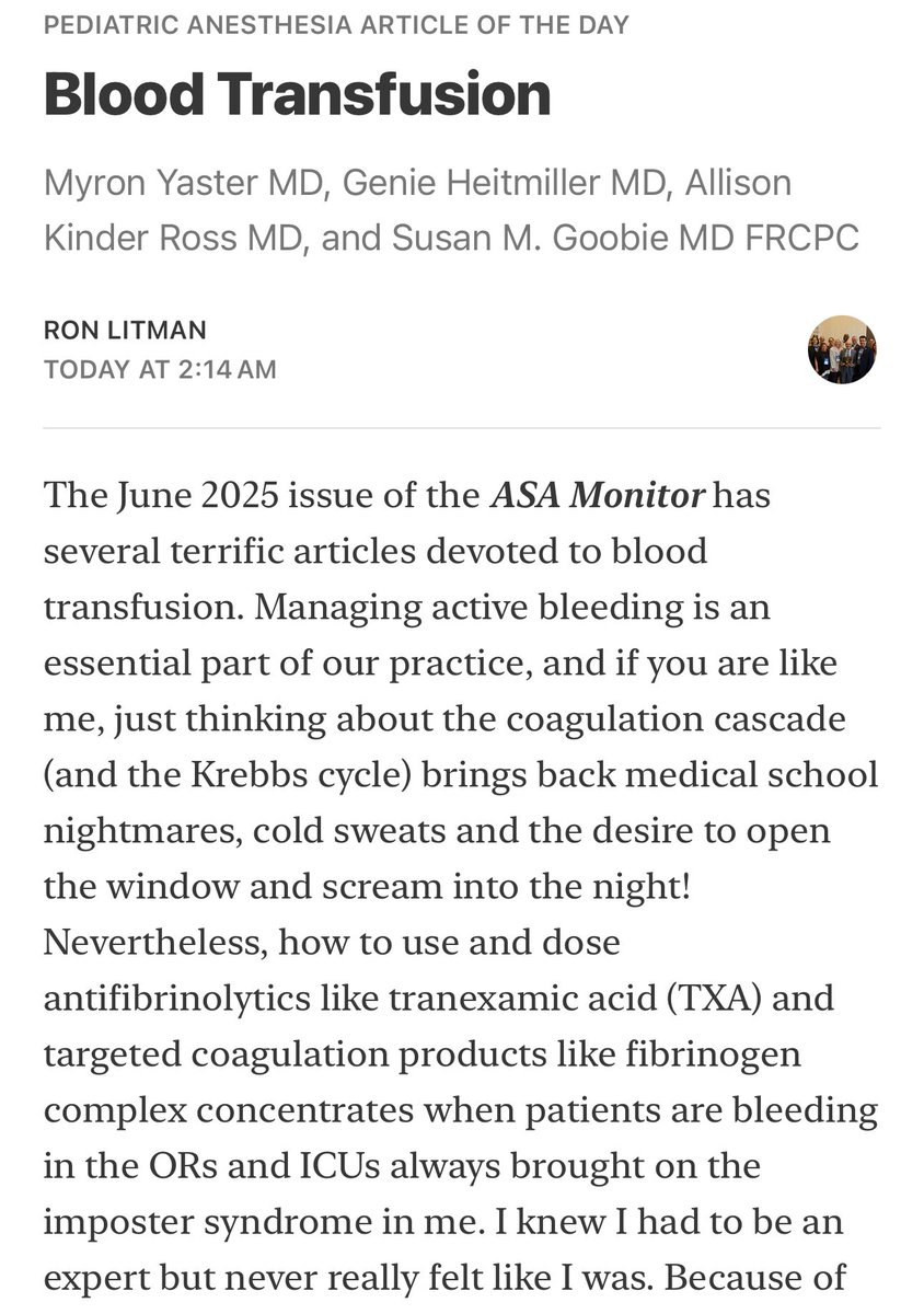Pediatric Anesthesia Article of the Day 

Blood Transfusion

Myron Yaster MD, Genie Heitmiller MD, Allison Kinder Ross MD, and Susan M. Goobie MD FRCPC

open.substack.com/pub/ronlitman/…

#PedsAnes #PedsPain #PedsCardsAnes #PedsICU #MedEd #PAAD