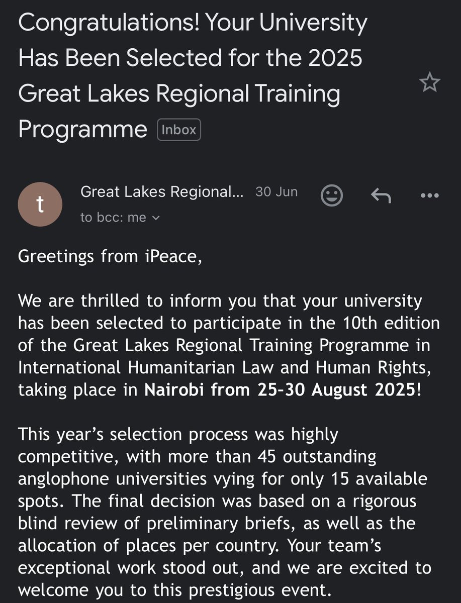 sirkanye18's tweet photo. Congratulations to me, I will be representing @kiuvarsity at the the 10th edition of the Great Lakes Regional Training Programme in International Humanitarian Law and Human Rights, organized by iPeace. This prestigious event is scheduled to take place in Nairobi 🇰🇪, 25-30th/Aug. https://t.co/PGCOMopMZQ