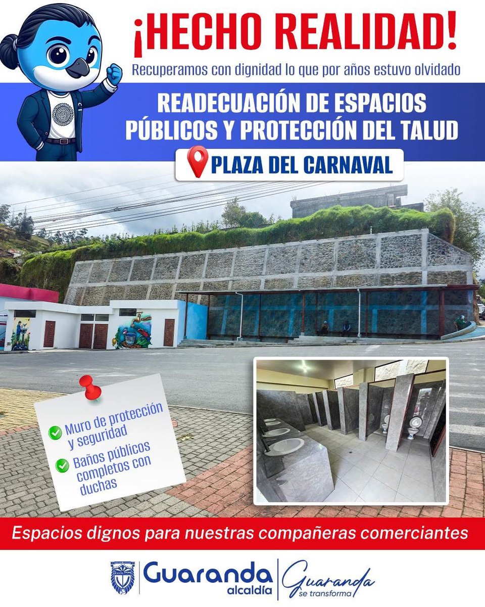 ¡Hecho Realidad! 🧱💧
Muro de protección, baños públicos, espacios dignos para nuestras comerciantes.
¡Nunca más polvo ni lluvia!
La Plaza del Carnaval ya se transforma con obras que cuidan y dignifican.

#ConLaGenteSiempre