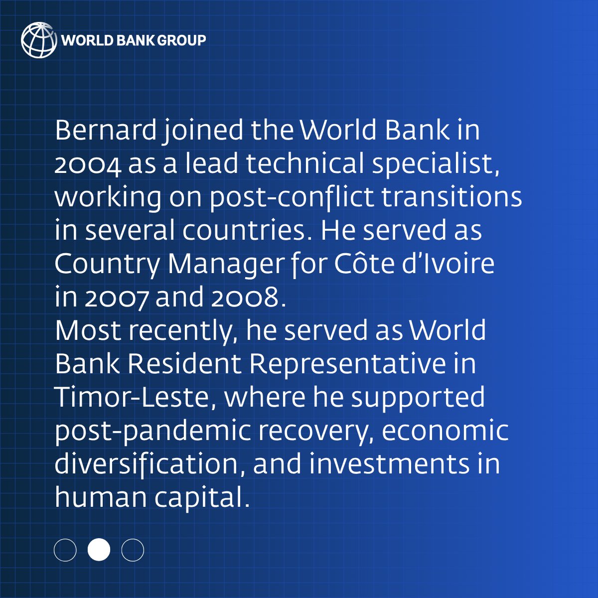 IFC EastAsiaPacific (@ifc_eap) on Twitter photo Welcoming Bernard Harborne as the new <a href="/WorldBank/">World Bank</a> Group Representative for #SolomonIslands & #Vanuatu!
From boosting resilience to building human capital📚 and expanding opportunity💼, his leadership will help drive inclusive development: wrld.bg/YibF50WjAI6
<a href="/WB_AsiaPacific/">World Bank East Asia Pacific</a> Welcoming Bernard Harborne as the new <a href="/WorldBank/">World Bank</a> Group Representative for #SolomonIslands & #Vanuatu!
From boosting resilience to building human capital📚 and expanding opportunity💼, his leadership will help drive inclusive development: wrld.bg/YibF50WjAI6
<a href="/WB_AsiaPacific/">World Bank East Asia Pacific</a>