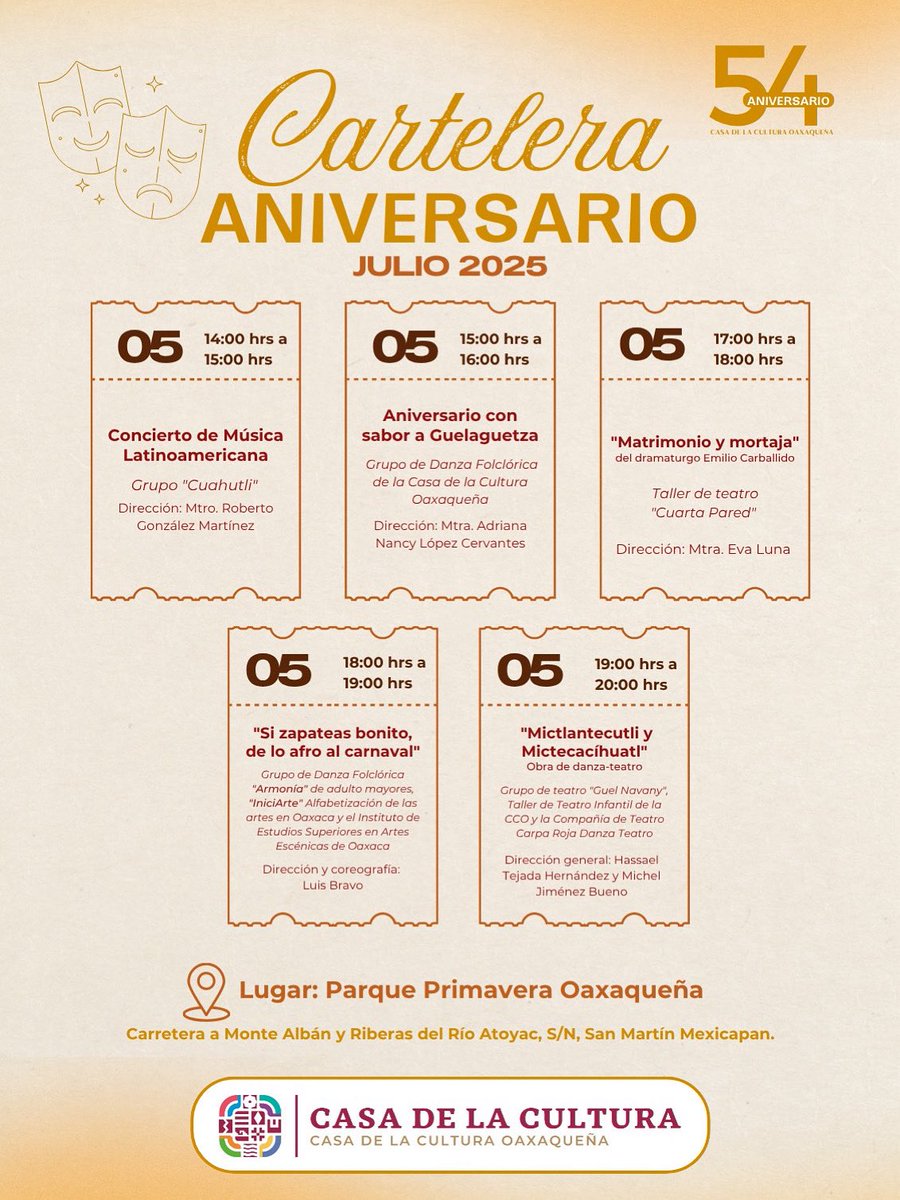 Casa de la Cultura Oaxaqueña (@cco_goboax) on Twitter photo La #CasaDeLaCulturaOaxaqueña hace la cordial invitación a las actividades por nuestro:
꧁༒☬54 𝓐𝓝𝓘𝓥𝓔𝓡𝓢𝓐𝓡𝓘𝓞☬༒꧂
Festejaremos juntas y juntos de las artes escénicas desde el maravilloso Parque Primavera Oaxaqueña.
Sábado 5 de Julio | a partir de las 14:00 hrs. La #CasaDeLaCulturaOaxaqueña hace la cordial invitación a las actividades por nuestro:
꧁༒☬54 𝓐𝓝𝓘𝓥𝓔𝓡𝓢𝓐𝓡𝓘𝓞☬༒꧂
Festejaremos juntas y juntos de las artes escénicas desde el maravilloso Parque Primavera Oaxaqueña.
Sábado 5 de Julio | a partir de las 14:00 hrs.