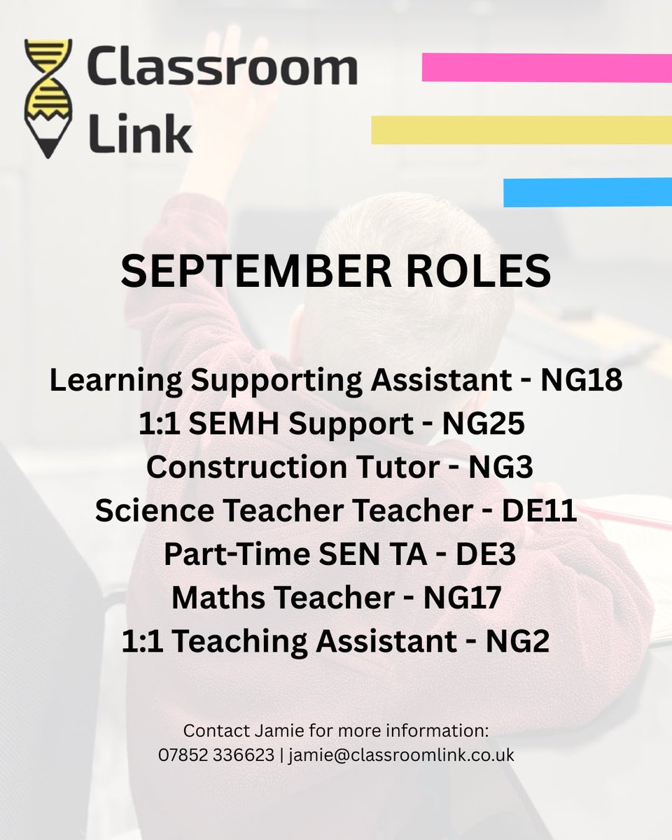 Our latest jobs starting from September ⬇️

#EducationJobs #Nottingham #Derby #TeachingJobs #TeachingAssistantJobs