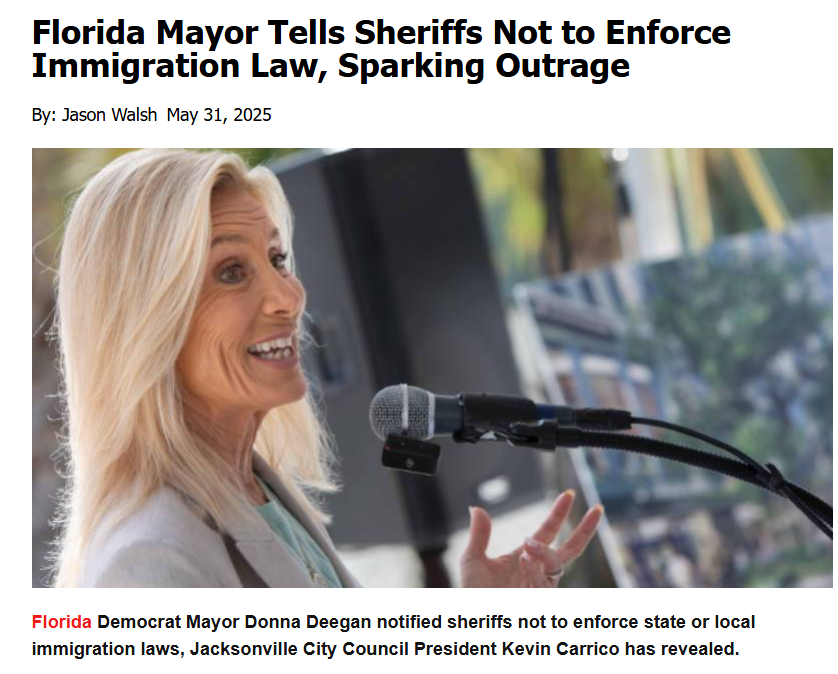 CatherineUSA1's tweet photo. This is Donna Deegan ... 

♦Donna Deegan vetoed Bill 2025-0138 passed by the City Council. This bill stops funding for illegals aliens in Jacksonville. 
♦Mayor's Office of General Council notified the sheriff to not enforce state or local immigration law.
♦She awarded a sole source contract to a lobbying firm which fundraised for her campaign. There are literally dozens of similarly qualified lobbying firms.
♦She has put the city in a legal battle that could cost the taxpayers millions because of her gun registry policy that is illegal in Florida. 
♦She refused to sign the another Immigration bill passed by the City Council.
♦She is resisting financial transparency aka Duval DOGE.
♦Otto Aviation announced a multi-million dollar contract with Cecil Field and Deegan wasn't even mentioned in the announcement.  
♦She installed a hologram of herself at the airport without city council approval. Cost to taxpayers:  $75,000. 
♦She nominated a woman to the Library board who promotes grooming of children.
♦She attends and speaks at political events held at local churches. These churches should lose their tax-exempt status.
♦While in London, she went on a radio show and said that President Trump would set up concentration camps for illegals if he was elected President.
♦She never issue an official statement from her Mayor Deegan account about the assassination attempts on President Trump's life. She made a comment on her personal account, but she has blocked constituents from reading or commenting on that account.
♦She compared chemo treatments for cancer to getting an abortion.
♦She put the pride flag on top of city hall.
♦She tore down a historic monument in the dead of night without city council approval.
♦She keeps pumping millions into parks in high crime areas while destroying southern history.
♦She attended BLM protests.
♦She cheated on her second husband with her third husband.
♦She has a cousin in prison for possession of child porn.
♦She was the grand marshal in a gay pride parade.
♦She hands out proclamations like candy.
♦She shows up at events for photo opportunities.
♦She travels to London to attend Jaguars game at the taxpayers' expense. 
♦She fleeced the taxpayers for a billion dollar plus new stadium without giving them a chance to vote.
♦She fleeced the taxpayers again for $15.45 million for the developers to rebuild the RISE Doro that burned down in January 2024 just days before opening. 
♦Cause of fire: Still unknown!
♦Downtown Jacksonville offers little to nothing because of the crime.
♦People work downtown, but they don't want to live there.
♦The Emerald Trail is being built for walking through high crime neighborhoods.
♦Schools have been renamed because they offended certain people while other schools are being closed.
♦Jacksonville is the largest city by area in the contiguous United States as of 2020, but Deegan is focused on just a few areas of the city.
♦She strongly supported Andrew Gillum for governor. Gillum was found passed out inside a South Beach hotel room with a reputed male escort and suspected methamphetamine.  

(Updated 7/02/25)