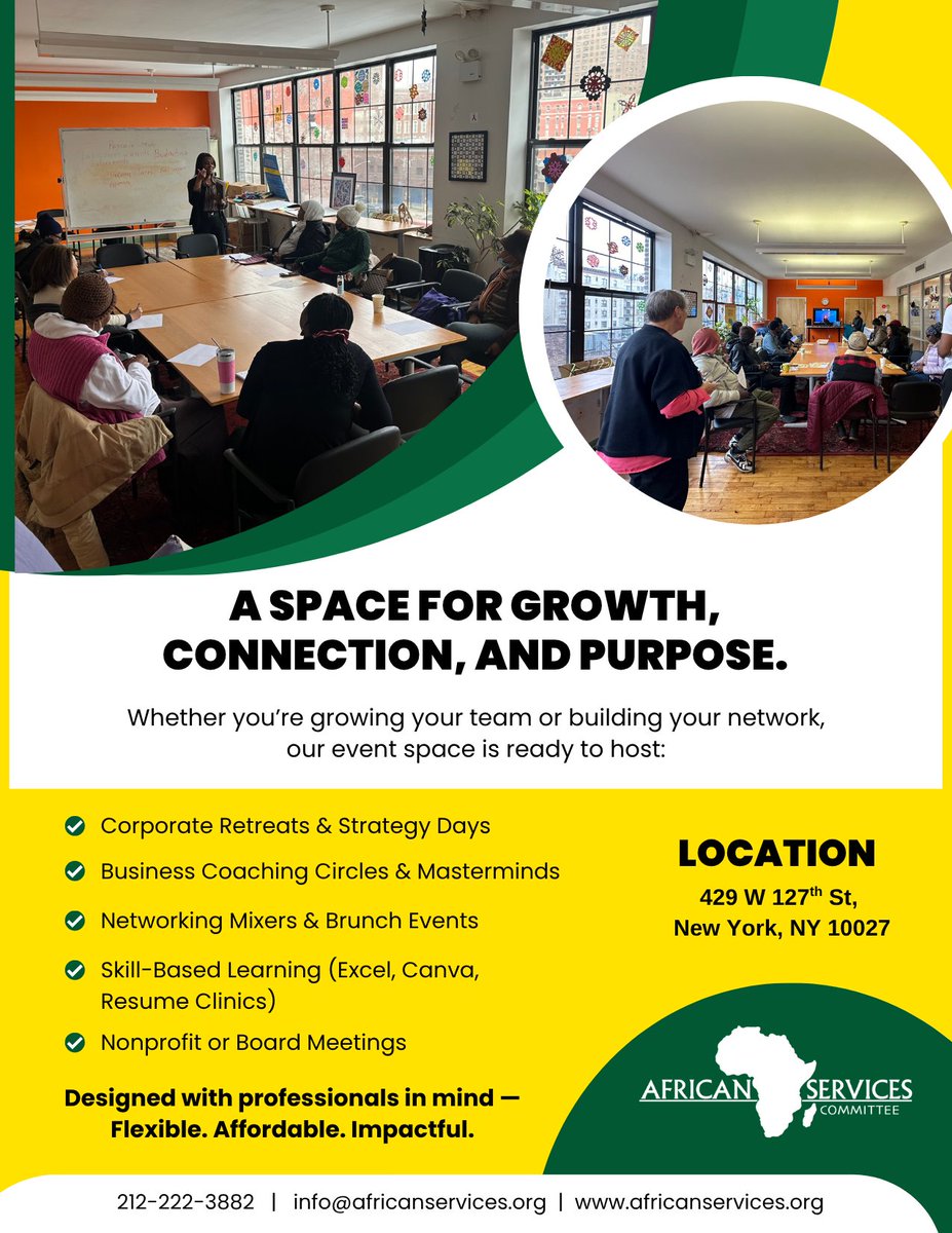 AfricanServices's tweet image. Looking for the perfect place to host your next meaningful event?
Our space is available to rent for workshops, gatherings, community events, and more.

📍 Book today and bring your vision to life.

#AfricanServices #EventSpace #CommunityEvents #PurposefulGatherings #SpaceForRent