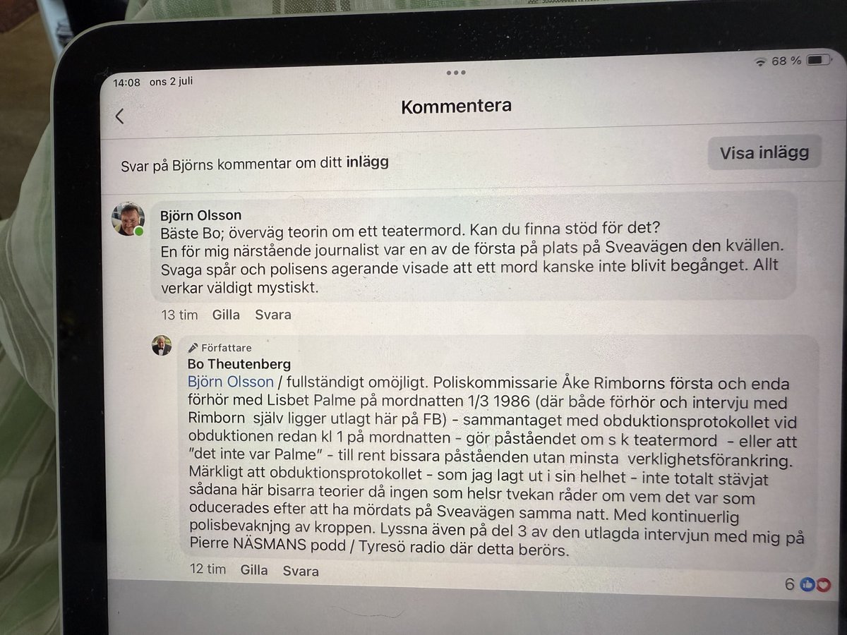 theutenberg's tweet image. Kommissarie Åke Rimborns förhör m Lisbet Palme mordnatten 1/3 86 samt protokollet från oduktionen samma natt utesluter varje absurd teori om s k teatermord eller ”det inte var Palme”. Bild från min FB-sida. Läs “Palme omvärderad?” Theutenberg.org