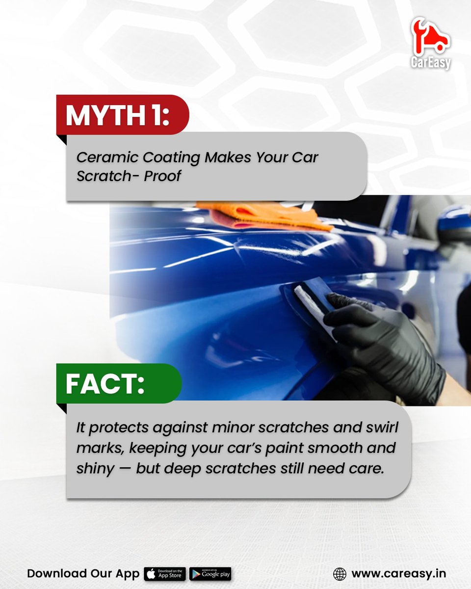 careasy_support's tweet photo. 🚗 Ceramic Coating Myths – Busted!

1️⃣ Scratch-proof? ❌ Only resists light marks
2️⃣ Lasts forever? ❌ 2–5 yrs w/ care
3️⃣ No washing? ❌ Still needed

📩 DM for FREE consult

#carcare https://t.co/vR48iw7rzi
