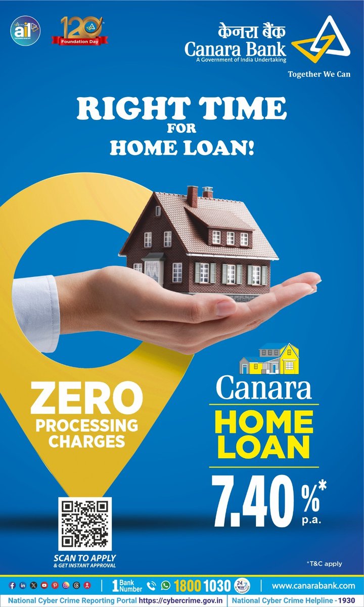canarabank's tweet photo. Turn your dream home into reality—easier than ever!
Canara Housing Loan now comes with a 100% waiver on processing charges and attractive interest rates starting from 7.40%
Step into your new home with confidence and comfort.
#CanaraBank #CanaraHousingLoan #ZeroProcessingCharges https://t.co/ms55g2DOTf