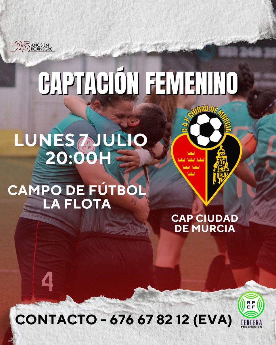 🏆 ¡ÚNETE A NUESTRO EQUIPO FEMENINO!
¿Tienes entre 14 y 36 años? ¿Te apasiona el fútbol?
⚽ Te esperamos en el Campo de fútbol La Flota
🗓 Pruebas: Lunes 7 de julio – 20:00 a 21:30
📲 Contacto:
Eva – 676 67 82 12
@capciudaddemurciafem (Instagram)
¡Te esperamos!