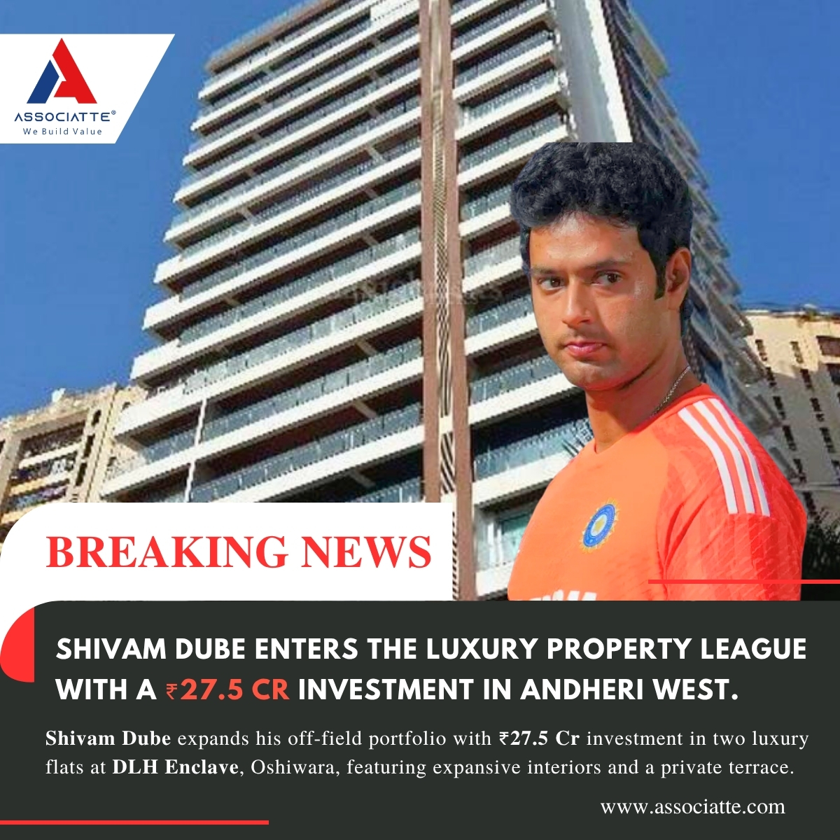 associatte's tweet photo. Shivam Dube joins the elite club of cricketers investing in real estate – buys twin apartments worth ₹27.5 Cr in Mumbai.

#shivamdube #realestate #cricketer #property #Twitter #Trending https://t.co/wLB0g0ks6b