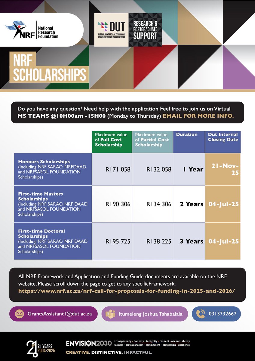 NRF Scholarship Applications Now Open!
Funding available for Honours, Master’s &amp; PhD levels. Don’t miss out!

Apply here 👉 dut.ac.za/call-for-appli…