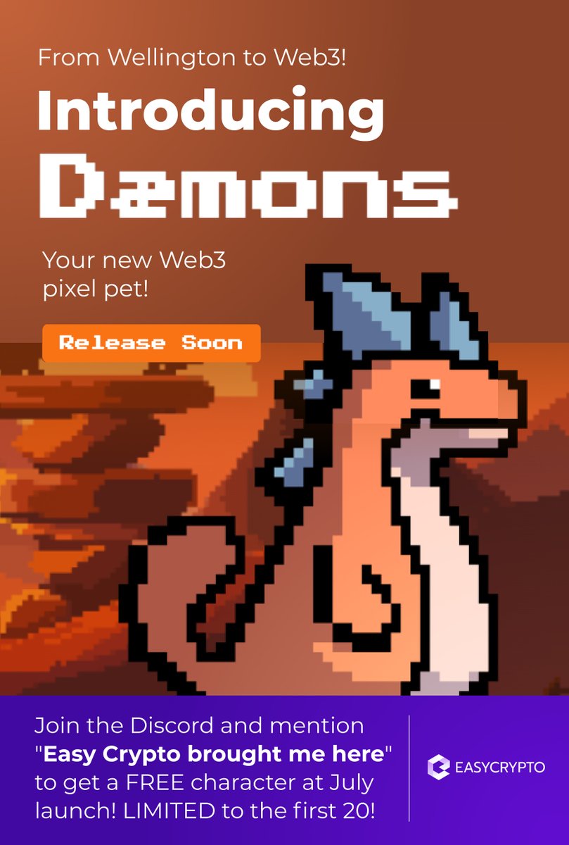 From Wellington to Web3! 🌀Meet Dæmons – an AI-powered, Tamagotchi/Pokémon-inspired game where your wallet becomes a pixel pet!

Join Discord &amp; say "Easy Crypto sent me" for a FREE July launch character (1st 20 only)!
🔗 linktr.ee/Daemons_gamefi