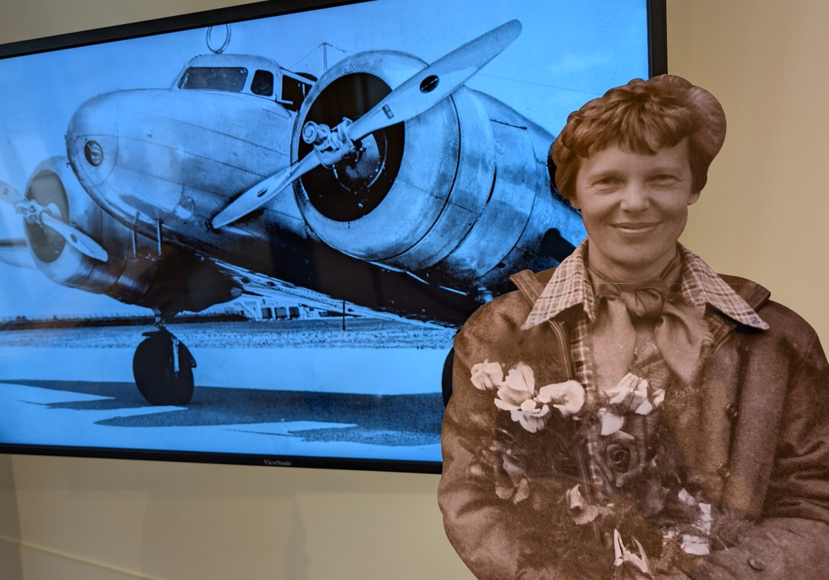 FDRLibrary's tweet image. A new month means a new standee featuring a Roosevelt era celebrity highlighted in our "Signature Moments" exhibit (fdrlibrary.org/exhibitions). Swing by the visitor center and snap a pic with Amelia Earhart (whose plane went missing #OTD, July 2, 1937). #fdrsignaturemoments