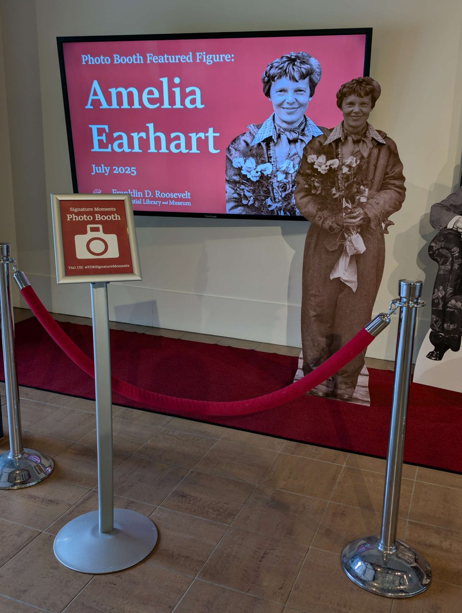 FDRLibrary's tweet image. A new month means a new standee featuring a Roosevelt era celebrity highlighted in our "Signature Moments" exhibit (fdrlibrary.org/exhibitions). Swing by the visitor center and snap a pic with Amelia Earhart (whose plane went missing #OTD, July 2, 1937). #fdrsignaturemoments