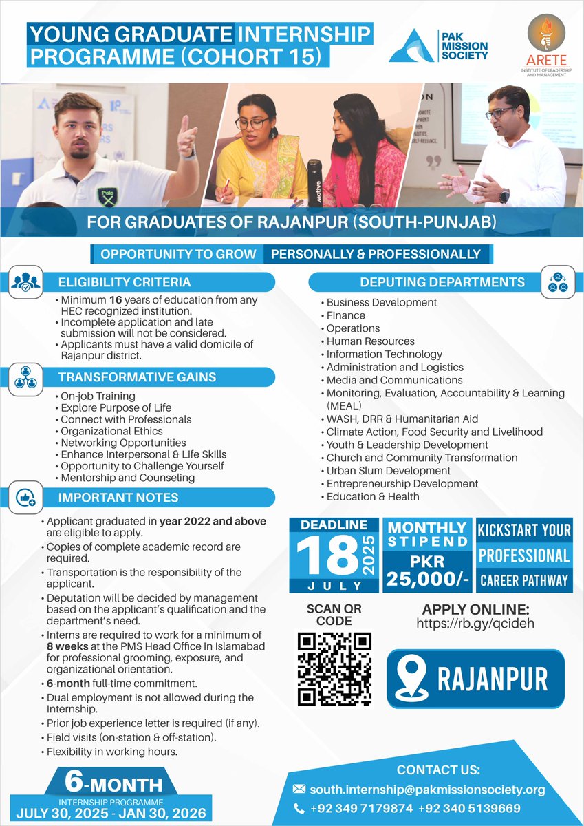 Rajanpur, are you ready?
The Young Graduate Internship Programme (YGIP) is coming to your city!
Apply now by clicking the link below:
rb.gy/qcideh
Last date to apply: 18th July
#PakMissionSociety #internshipopportunity #Rajanpur #areteinstituteofleadershipandmanagement
