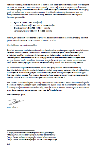 De <a href="/Woonbond/">Woonbond</a> roept de Tweede Kamer op om TEGEN de gewijzigde wet versterking regie op de volkshuisvesting te stemmen

- De wet biedt volstrekt onvoldoende zekerheid voor de bouw van sociale huurwoningen
- De gewijzigde wet bedrijft zondebokpolitiek over de rug van vluchtelingen