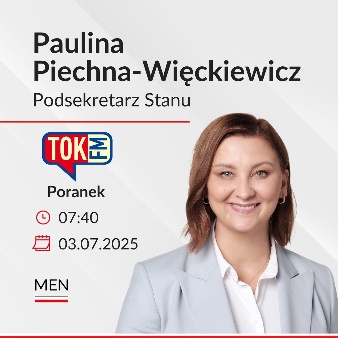 Ministerstwo Edukacji Narodowej (@men_govpl) on Twitter photo ➡️ Wiceministra <a href="/PaulinaPW2024/">P. Piechna-Więckiewicz</a> będzie jutro gościem w programie #Poranek.
Zapraszamy do wysłuchania rozmowy.
📻 <a href="/Radio_TOK_FM/">Radio TOK FM</a>, czwartek, 3.07.2025r, godz. 7:40. ➡️ Wiceministra <a href="/PaulinaPW2024/">P. Piechna-Więckiewicz</a> będzie jutro gościem w programie #Poranek.
Zapraszamy do wysłuchania rozmowy.
📻 <a href="/Radio_TOK_FM/">Radio TOK FM</a>, czwartek, 3.07.2025r, godz. 7:40.
