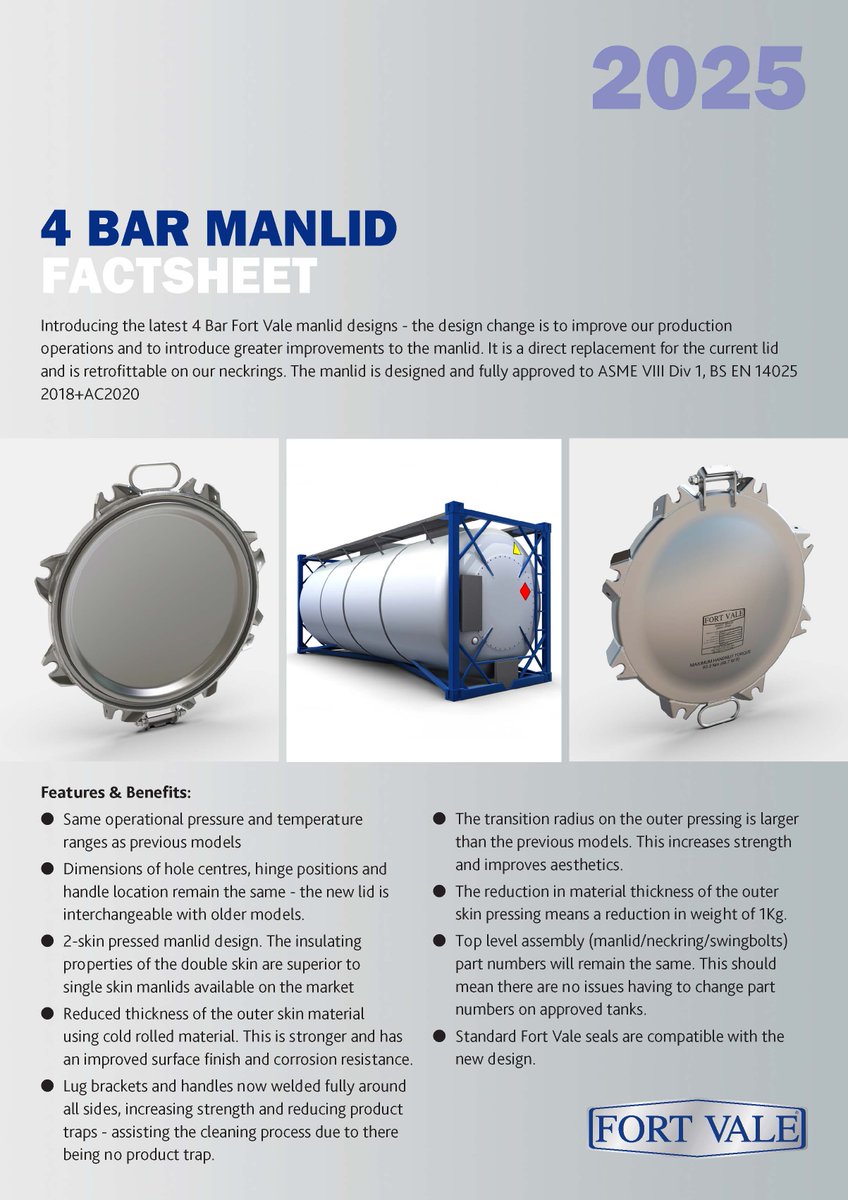 FortVale_'s tweet photo. Meet the new Fort Vale 4 Bar Manlid:
✔️ ASME & EN certified
✔️ Retrofit-ready
✔️ Stronger, lighter, easier to clean
Driving safe, efficient, bulk liquid transport.
#Engineering #TankContainer #RoadTanker https://t.co/xg6hRr5MCB