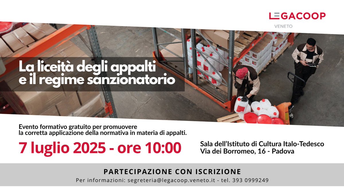 Evento formativo gratuito per promuovere la corretta applicazione della normativa in materia di appalti, il 7 luglio alle ore 10 a Padova
Info al link legacoop.veneto.it/la-liceita-deg…
#normativa #appalti #legacoopveneto
